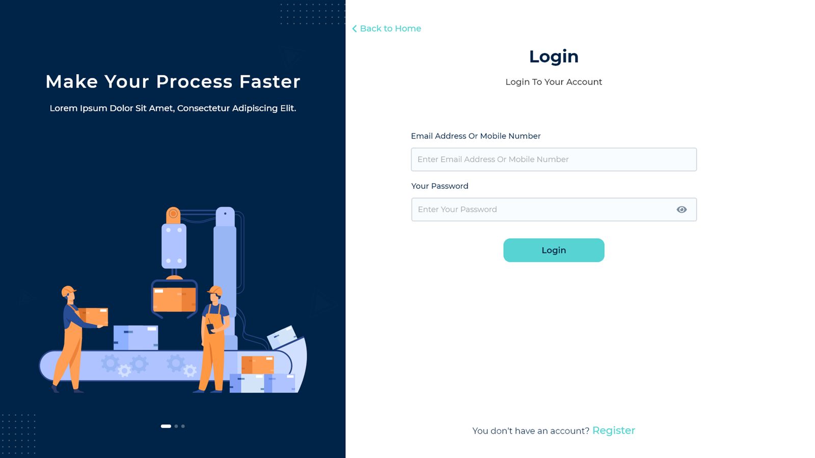 Login — split screen shared by clients and providers