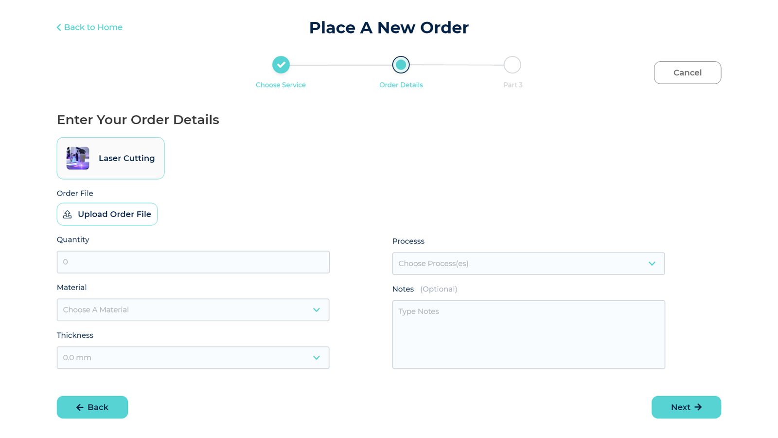 Order details — upload the part file and set quantity, material, thickness