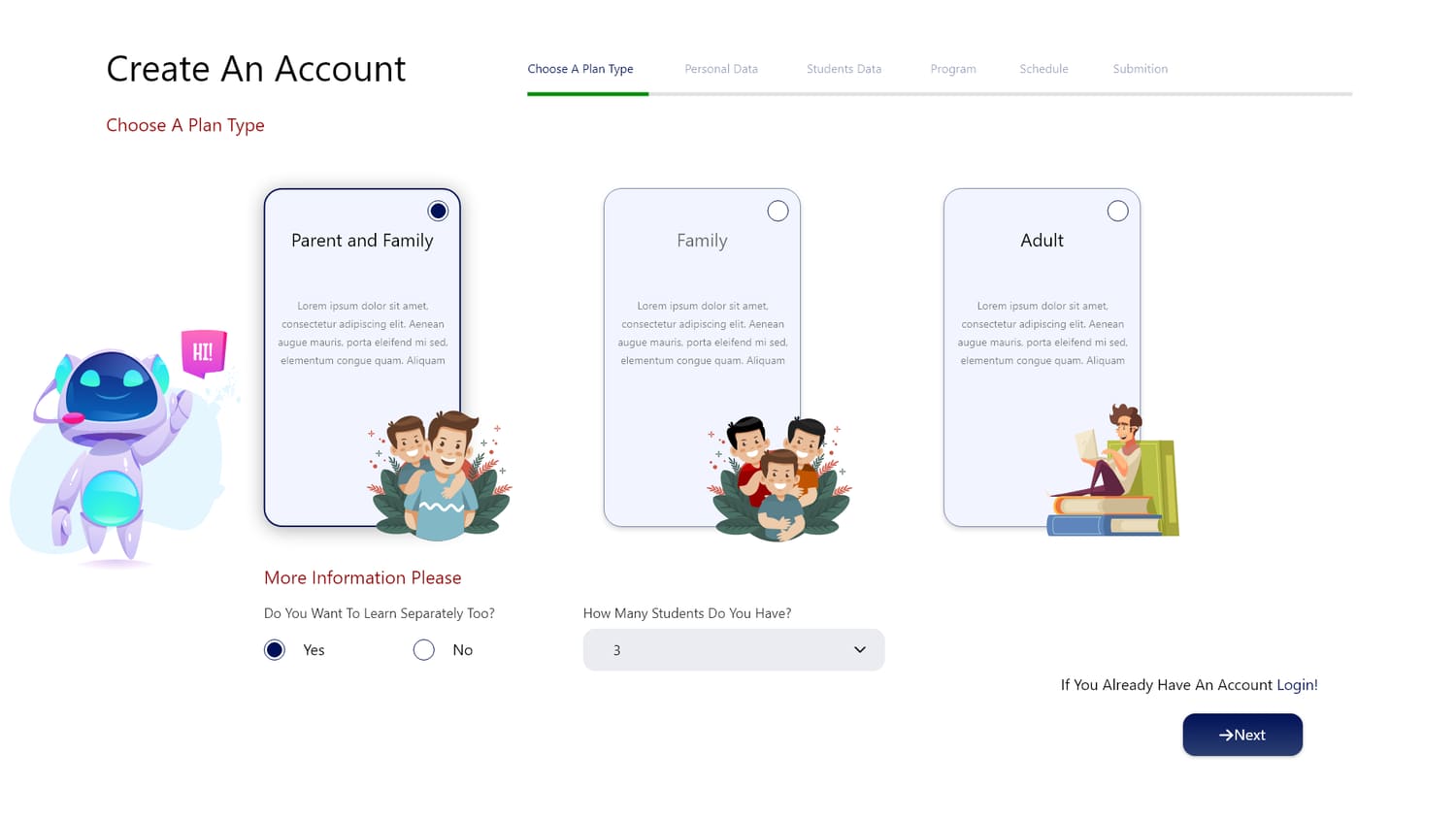 Signup — choose a plan type for the program