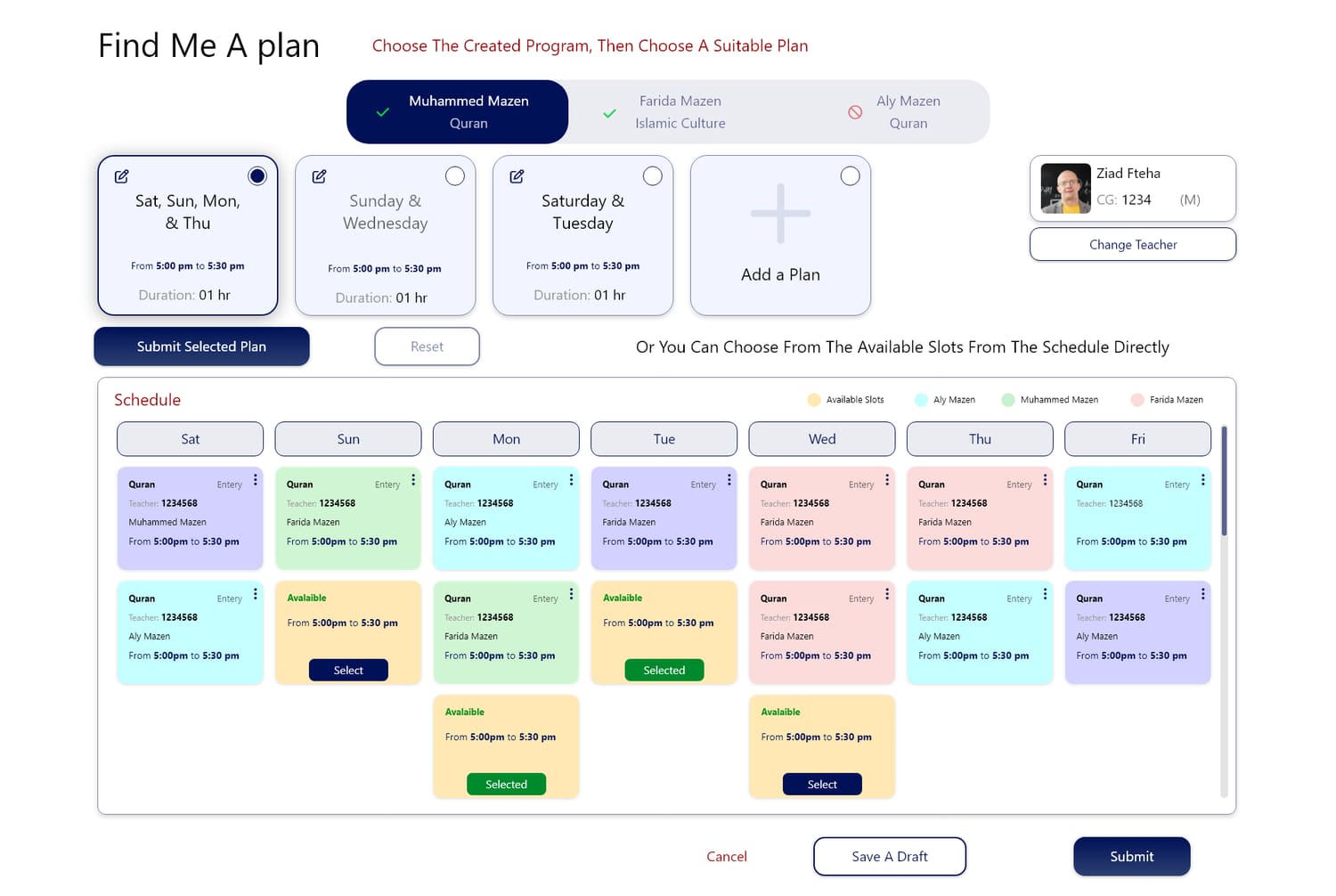 Signup — let the system build a weekly schedule around the student