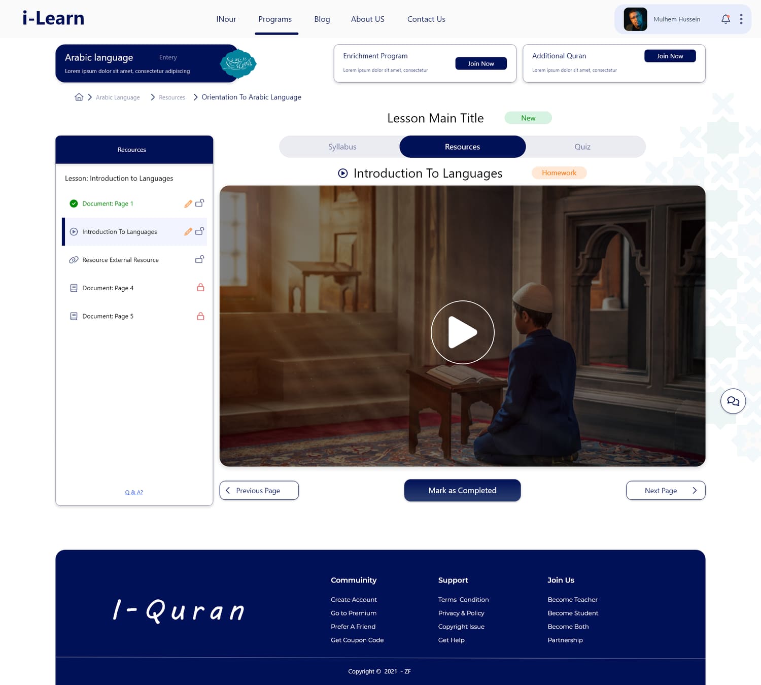 Inside a lesson — mixed resources: video, documents and links