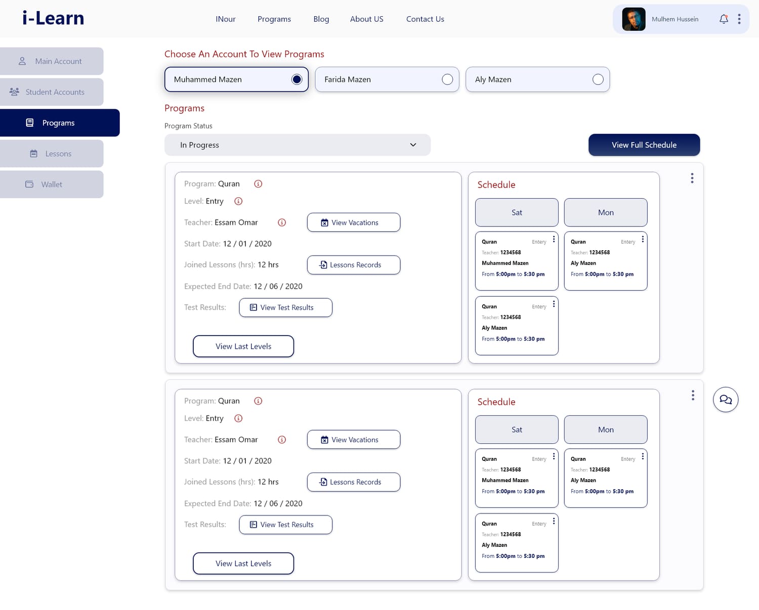 Student control center — programs, schedule and progress per sub-account