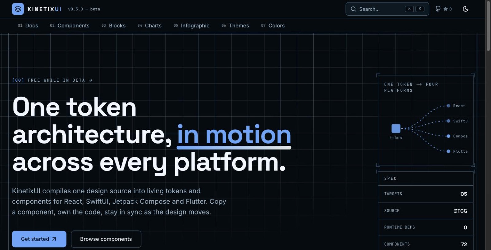 KinetixUI homepage — 'One token architecture, in motion across every platform'