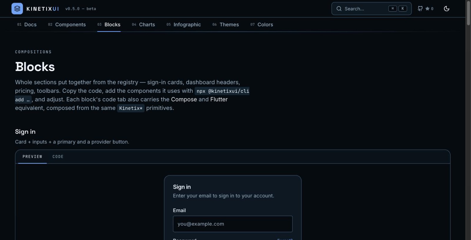 Blocks — whole sections composed from the registry, with a Compose and Flutter equivalent for each