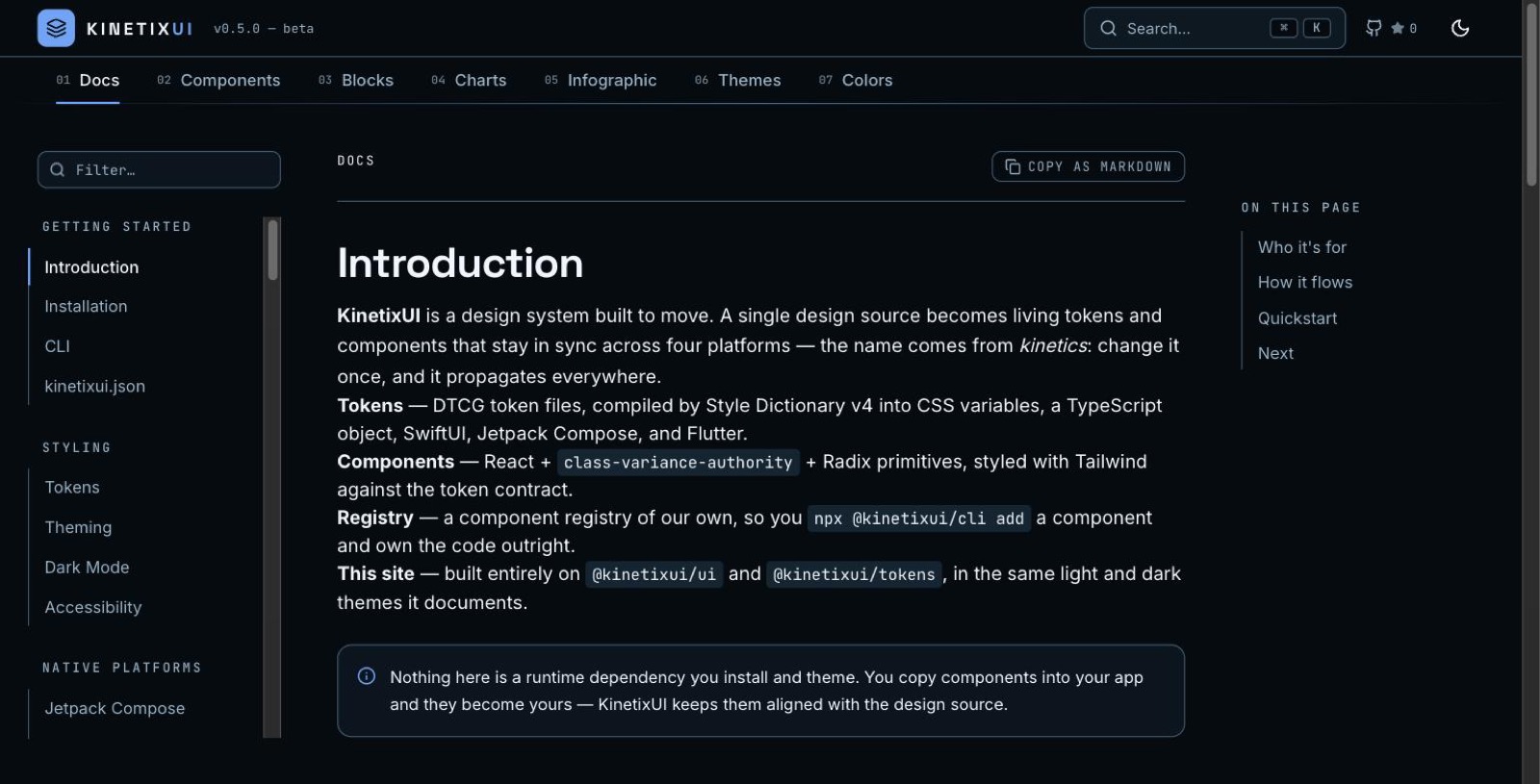 Docs — the introduction page, built on the library it documents