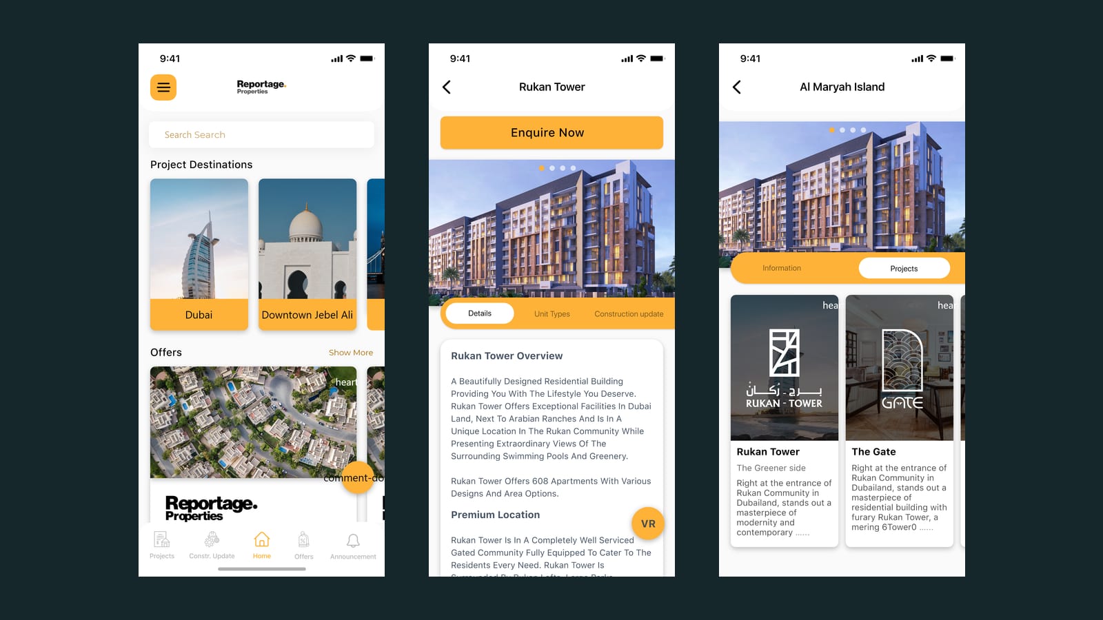 Reportage app — home, a project page, and a community's projects