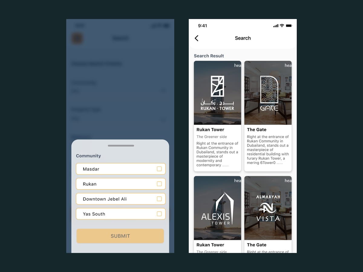 Search by community, type, bedrooms and budget, and the results