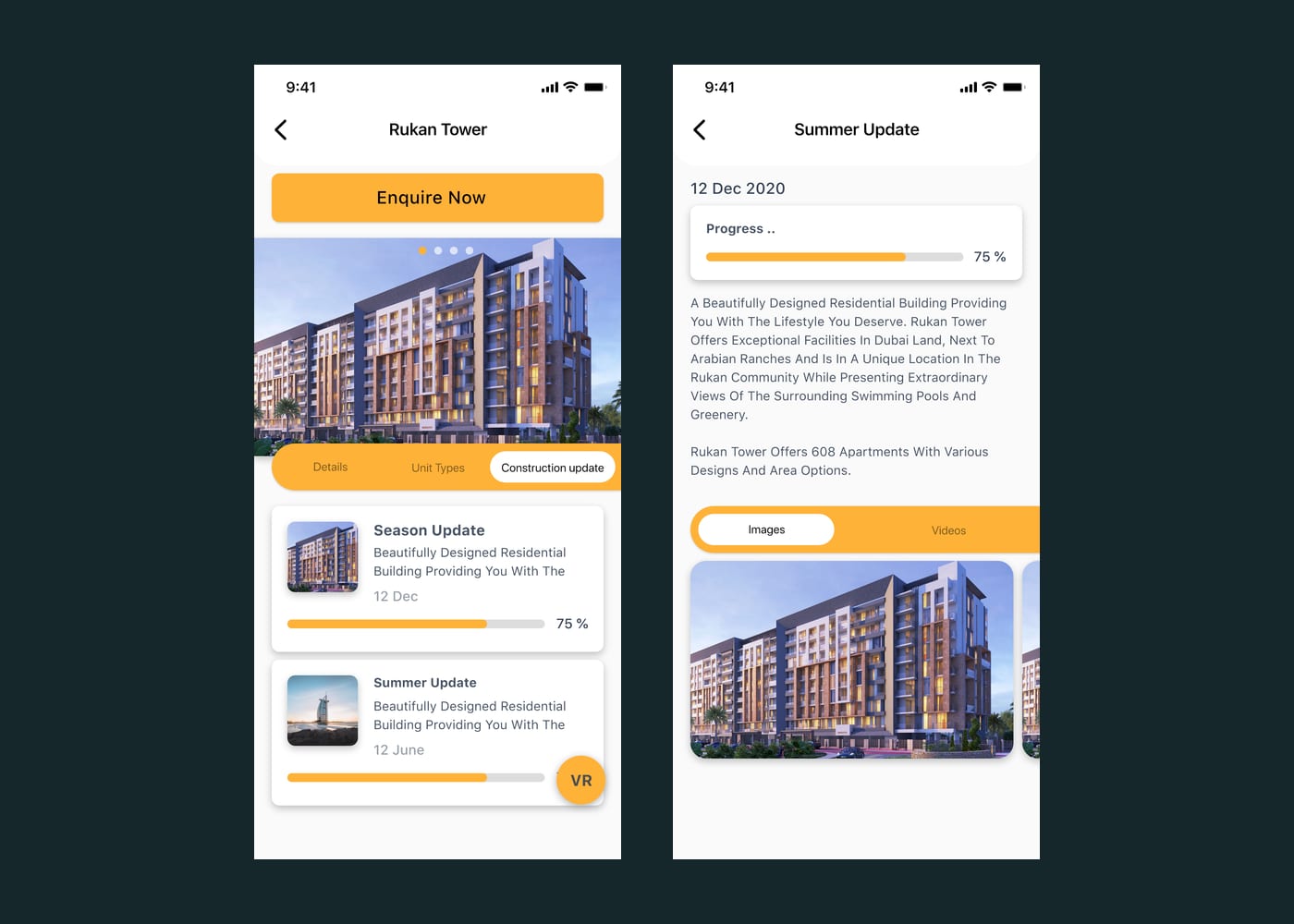 Construction updates — a dated timeline of site photos