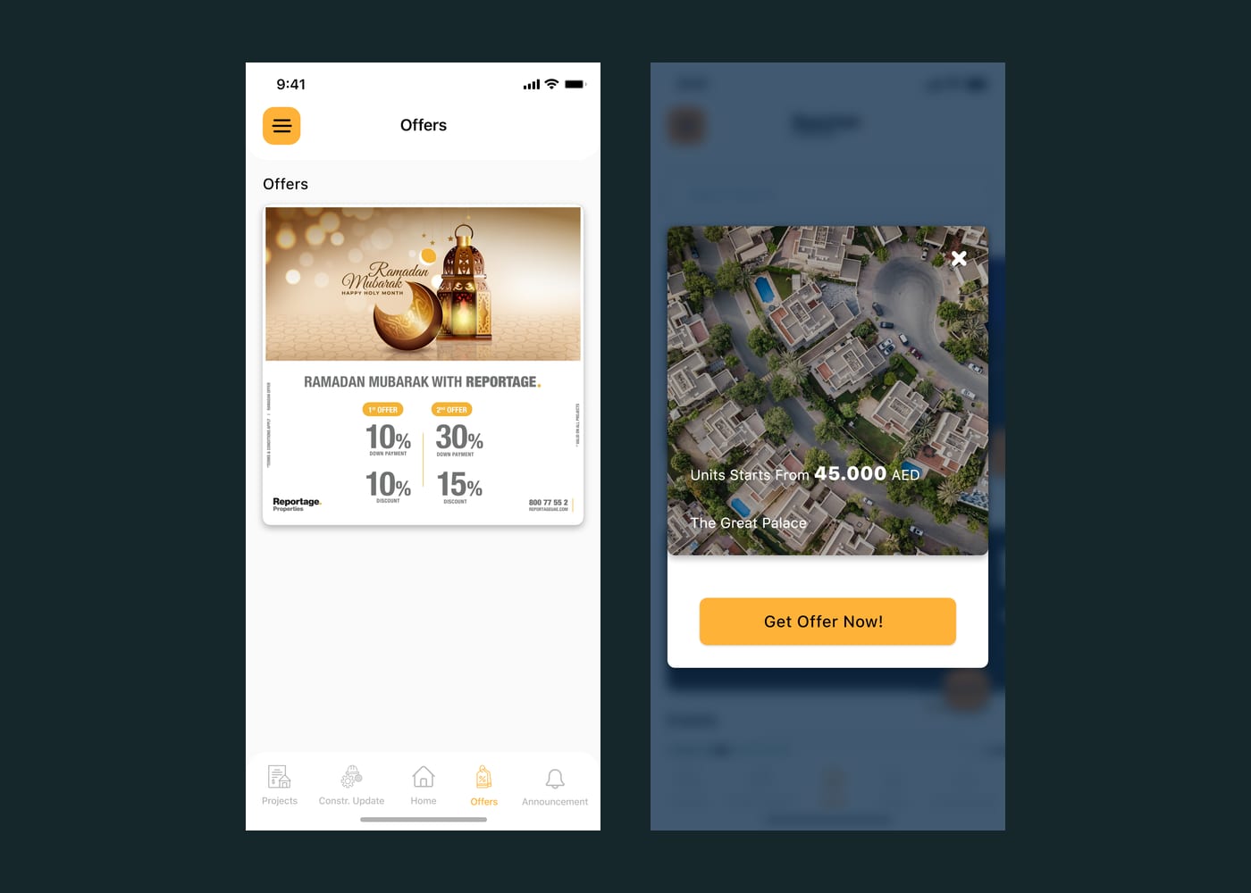 Offers list and a full-screen offer popup with register form